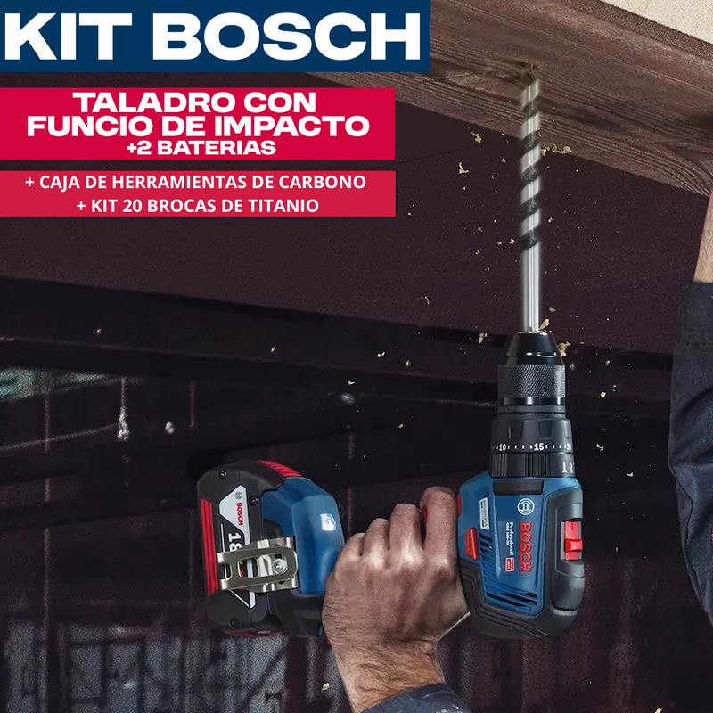 KIT BOSCH: TALADRO DE ALTO IMPACTO + CAJA DE HERRAMIENTAS CON 108 PIEZAS + 20 BROCAS DE TITANIO - CIERRE DE LA TIENDA - ENVÍO GRATIS